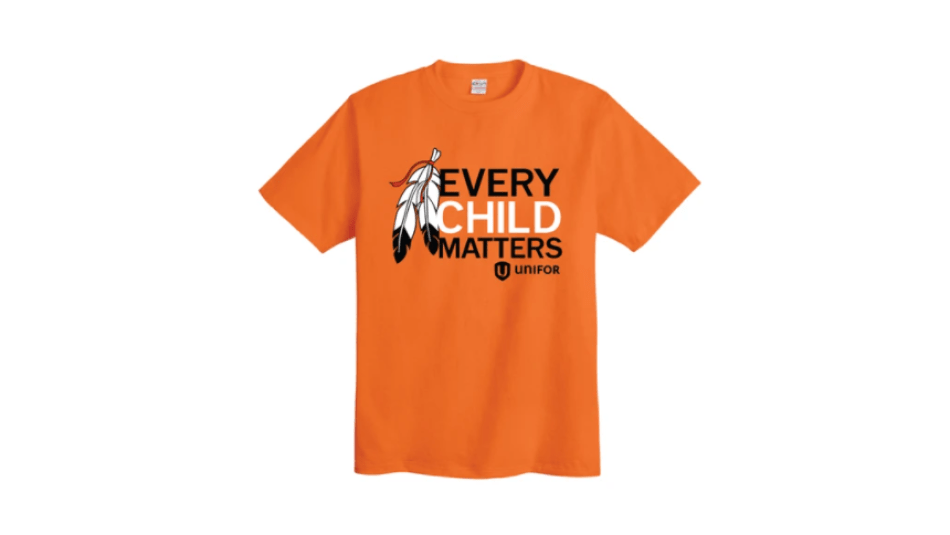 Orange Unifor t-shirt with text EVERY CHILD MATTERS 